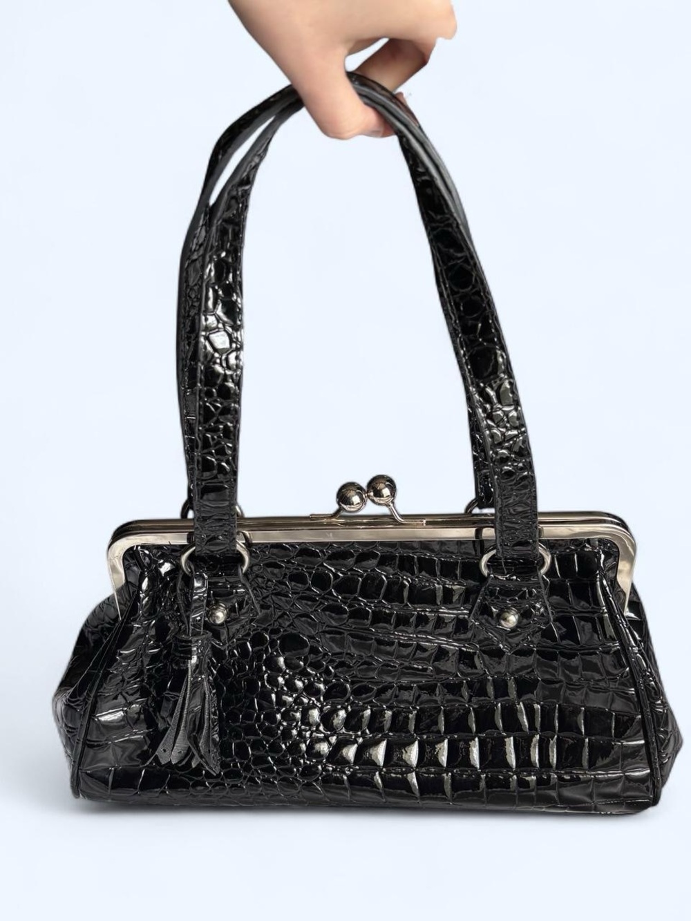 Vintage Black Croc Frame Handbag GAL - Women's Elegant Shoulder Bag